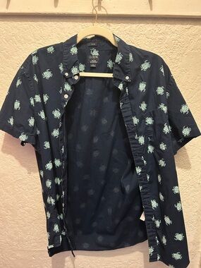 J. Crew Navy Short-Sleeve Button-Down with Mint Turtle Print